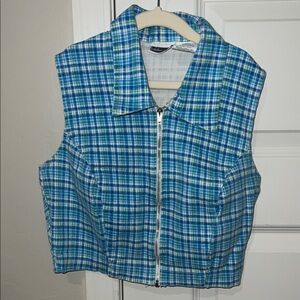 VINTAGE Xhiliration 90s Blue Plaid Zip-Up Vest Top